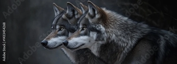 Obraz Two wolves standing side by side in a misty forest during twilight, showcasing their striking features and focused gazes