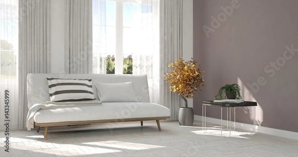 Fototapeta White room with sofa and green landscape in window. Scandinavian interior design. 3D illustration
