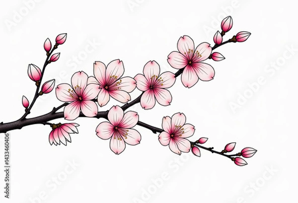Fototapeta Minimalist Cherry Blossom Design: Line Art Drawing of Flowers in Full Bloom with Delicate Petals, Vibrant Colors, and Clear Outlines for Coloring Fun!
