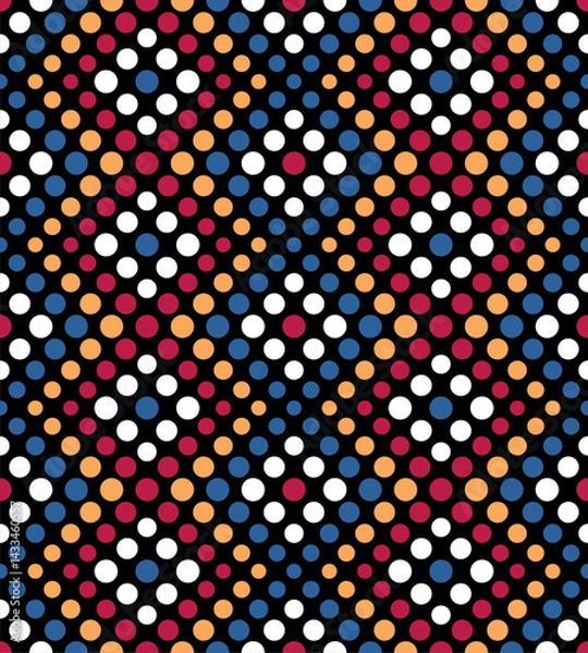 Obraz Lozenge ethnic design with blue, red, and yellow dotted lines on a black background. Multicolored small circles and dots. Seamless repeating pattern. Abstract geometric vector illustration. 