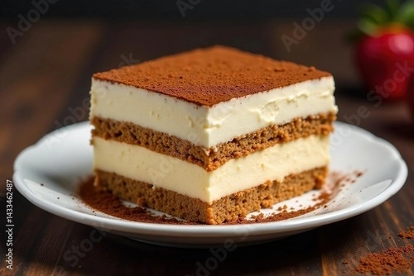 Fototapeta Classic tiramisu, layers visible, cocoa dusting, baking, indulgence, creamy