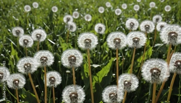 Obraz Field of Dandelions in Full Seed Bloom on a Sunny Spring Day