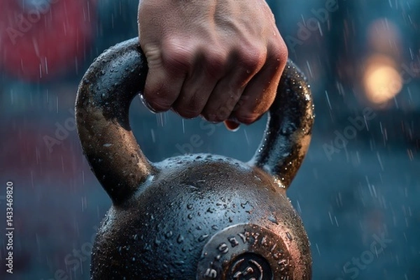Obraz Drenched determination  close up of a hand gripping a kettlebell in a rainy gym setting