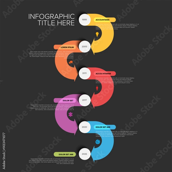 Fototapeta A vertical timeline infographic displaying events from 1999 to 2026 in colorful sections. Each milestone includes text, icons, and vibrant arrows for easy visualization on dark gray background