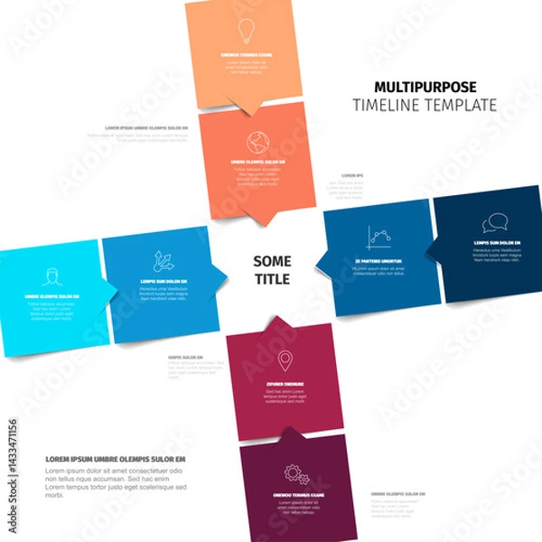 Fototapeta This multipurpose timeline template features colorful arrow-shaped blocks in blue, orange, and red, ideal for organizing information, processes, or project timelines effectively.