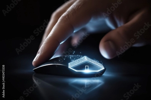 Fototapeta A hand hovers over a computer mouse with a glowing, digital house icon