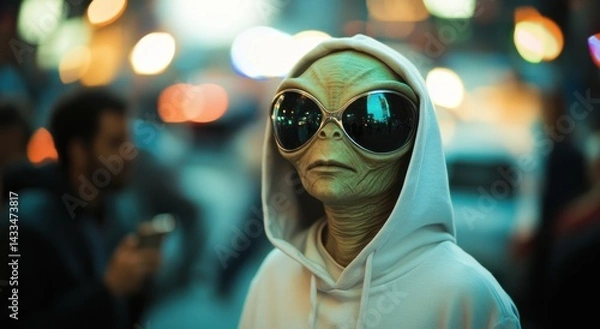 Obraz Unique alien figure dressed in a hoodie with oversized sunglasses standing in a bustling urban area at night