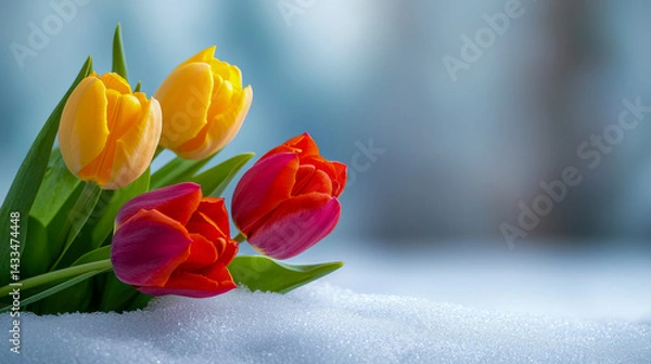 Obraz [Tulips in snowy garden] Tulips Emerging from Winter's Chill Vibrant Blooms Against Snowy Landscape