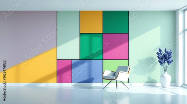 Fototapeta Color block interior with modern wall and modern minimalist chair in bright room