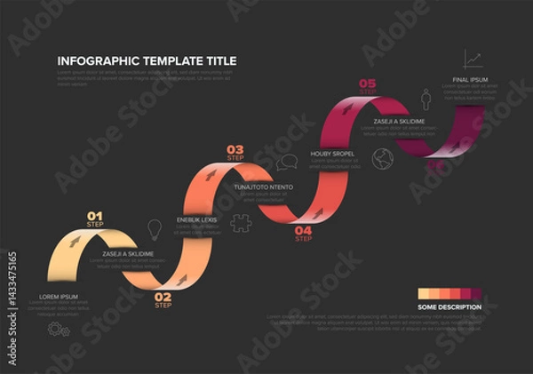 Fototapeta A modern infographic featuring a colorful red ribbon design, showcasing six sequential steps with icons and descriptive text for each stage. Ideal for presentations and process visualization.
