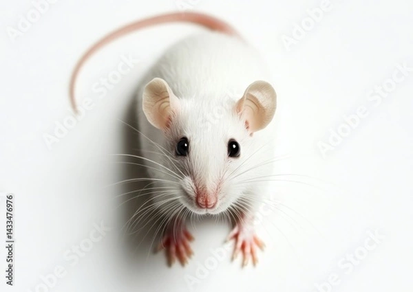 Obraz White laboratory mouse in a close-up view exploring a clean surface during a research experiment