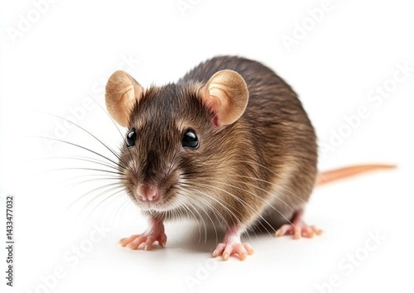 Fototapeta Cute small mouse with large ears and shiny eyes exploring a clean surface indoors during daylight hours