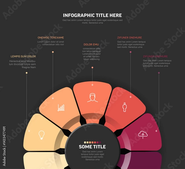 Obraz A modern circular infographic featuring six segments with icons and text placeholders. The design highlights a clean, professional look ideal for data visualization or presentations.