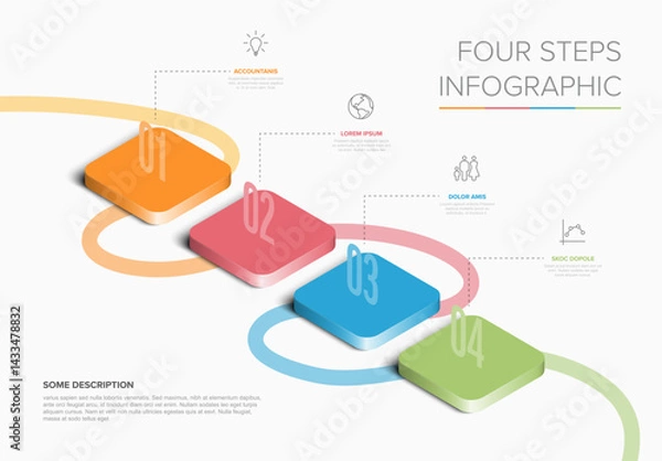 Fototapeta A vibrant four-step infographic featuring colored blocks with step indicators and icons. It provides an elegant layout for presenting a structured process or workflow visually.