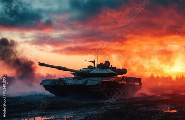 Obraz Military tank navigates through a battlefield at sunset with dramatic clouds and smoke in the background