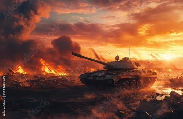 Obraz Tank moves through war-torn landscape at sunset highlighting destruction and chaos in a military conflict