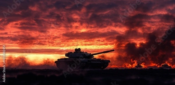 Obraz Military tank stands resilient against a fiery sunset in a war-torn landscape during the late hours of the evening