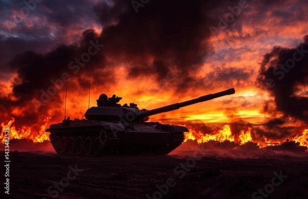 Obraz Military tank stands firm against a backdrop of fiery sunset during a conflict scenario