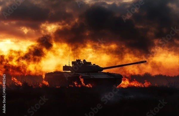 Obraz Tank silhouette fires during sunset in a battlefield landscape
