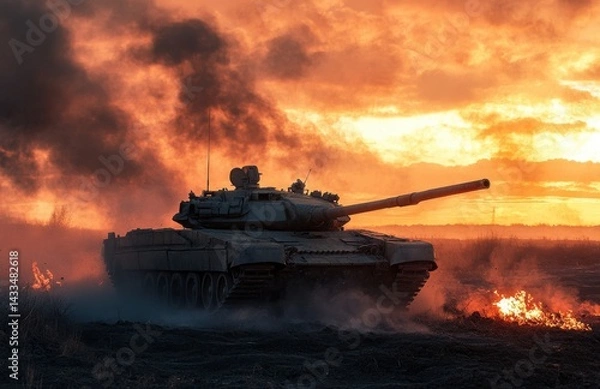 Obraz Military tank maneuvers through a fiery landscape at sunset during a training exercise