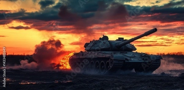 Obraz T-90 tank maneuvers through a fiery landscape at sunset during military training exercise in a conflict zone