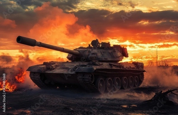 Obraz Tank maneuvers through a fiery battlefield during sunset showing determination and resilience in a hostile environment