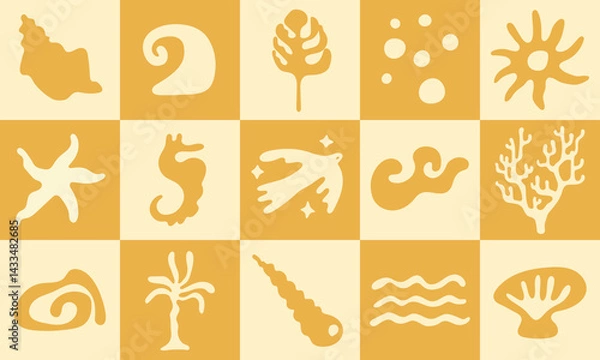 Fototapeta Vector design elements set of summer holiday vibes for prints templates - simple hand drawn linocut style. Wavy and groovy shapes for packaging, prints, social media, surface design 
