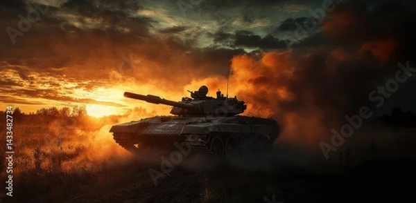 Obraz Military tank maneuvers through a smoky battlefield at dusk with vibrant sky colors in the background