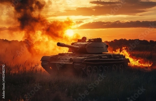Obraz Historic tank battles during sunset with dramatic clouds and smoke in a war-torn battlefield