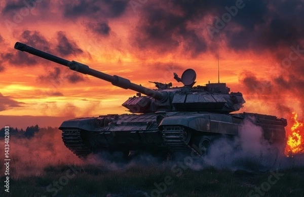 Obraz Military tank on battlefield during sunset with dramatic sky and smoke