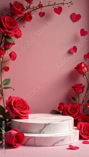 Fototapeta Marble podium adorned with red roses and hearts on a Valentines Day background, Valentines, podium