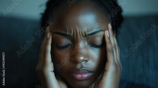 Fototapeta Black woman touches forehead eyes closed feeling headache showing stress, distress, and worrying about problems.