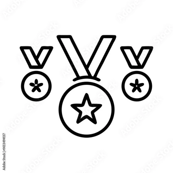 Fototapeta Black outline icon set of medals symbolizing achievement and victory, with star and flower design, on a transparent background; concept of success, competition, and reward