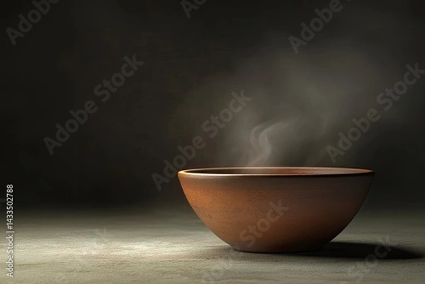Fototapeta A rustic bowl of steaming liquid  A warm, earthy-toned bowl, emitting light vapor, sits on a muted surface