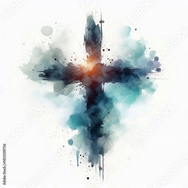 Obraz Watercolor paint Cross – Christian Hope and Resurrection Concept. AI generated illustration