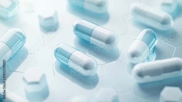 Obraz  Close up of medical pills and capsules on hexagonal background with blue tone