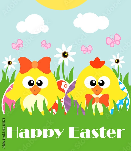 Obraz Happy Easter background with two funny chickens