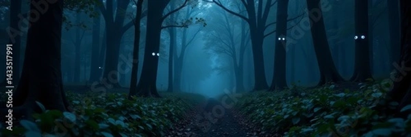 Obraz Eerie dark forest with glowing eyes in shadows, fantasy, mystic