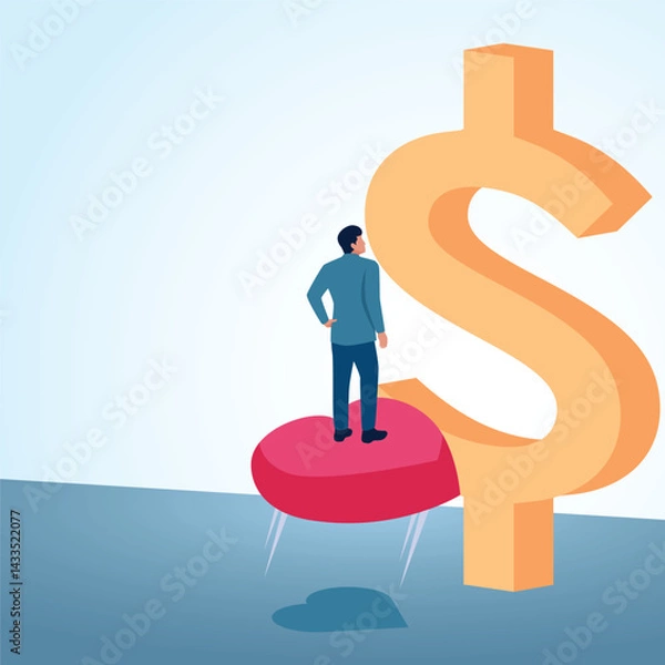 Fototapeta A man climbs love to the top of money. A metaphorical illustration for a profitable hobby, a passion that brings in money and a job that is loved.