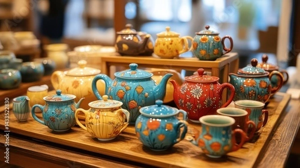 Fototapeta Tea set displays vibrant ceramic tea pots, tea cups featuring floral patterns, artistic earthenware arrangements.