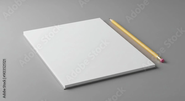 Fototapeta Blank notebook with pencil resting beside it on a gray surface. Modern, minimalist design mockup for stationery or branding purposes.