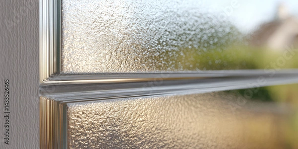 Fototapeta Frosted glass window with blurred view outside, featuring a textured surface and metallic frame 