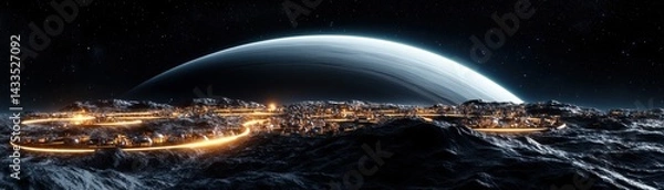 Obraz Futuristic Cityscape Under a Massive Ring-Shaped Structure in a Dark, Starry Sky