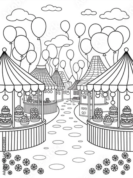 Fototapeta carousel in the park black and white coloring page 