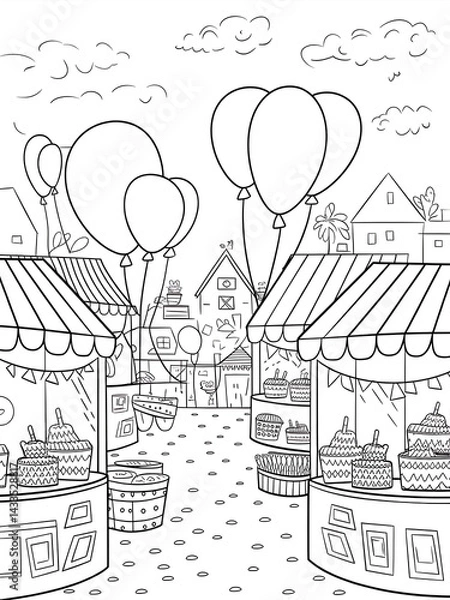 Fototapeta hand drawn vector illustration of a carnival black and white coloring page 