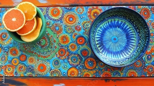 Fototapeta Colorful serving tray with vibrant bowls and citrus fruit