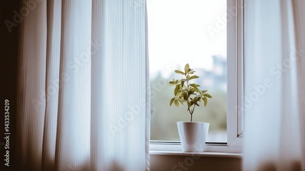 Fototapeta A small potted plant sits on a window sill by curtains