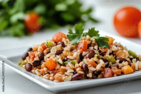 Fototapeta Dry bean and rice dish on plate, white background. AI generated illustration.