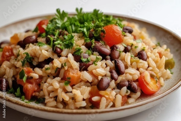 Fototapeta Dry bean and rice dish on plate, white background. AI generated illustration.