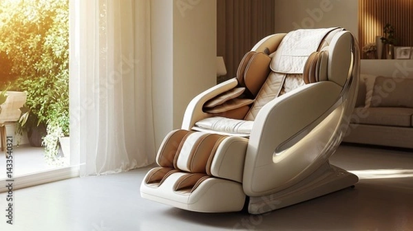 Fototapeta Luxury beige massage chair in a sunlit living room offering relaxation and therapeutic comfort